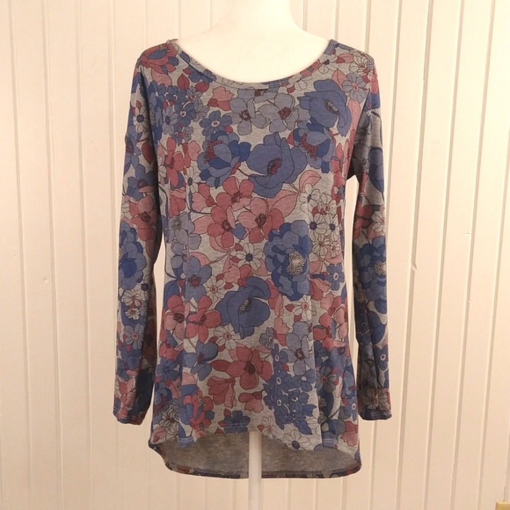 Lularoe floral long sleeve top Size L grey, blue, and pink.